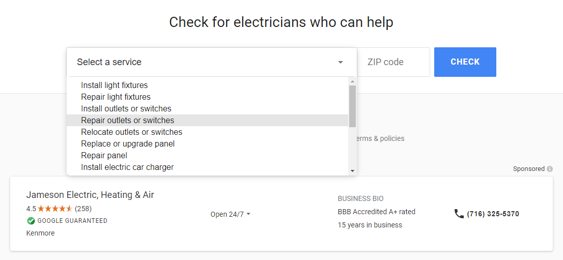 Drop-down-Menü für Google Local Service Ads-Beispiele