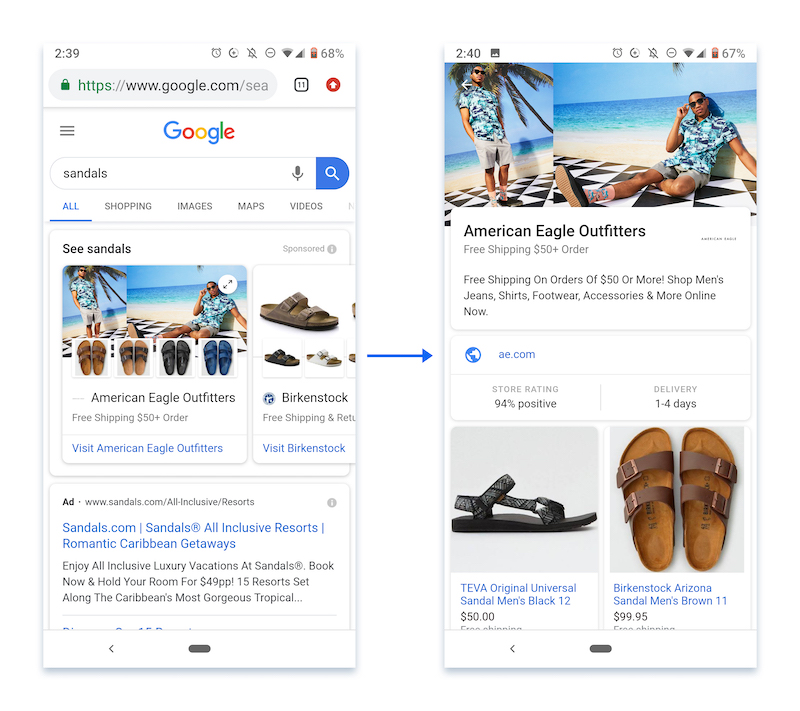 Processus de clic sur les annonces Showcase Shopping