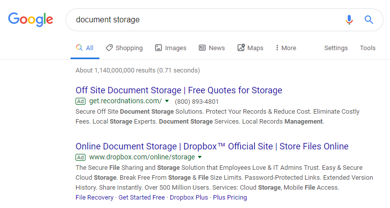 Exemple d'annonce de recherche payante Dropbox