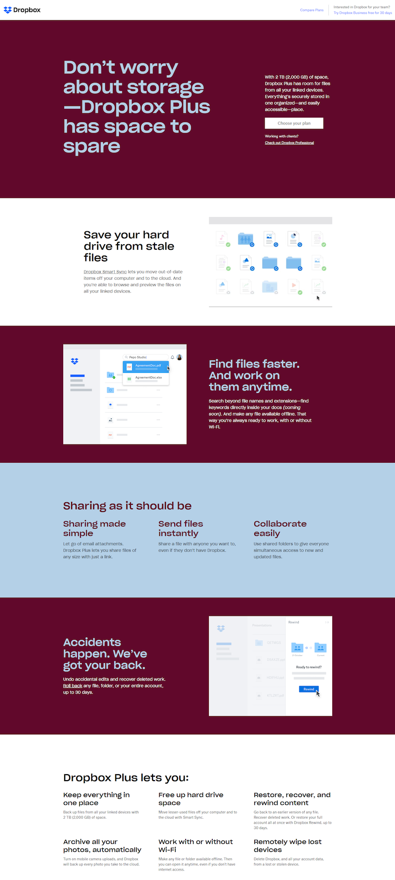 Page de destination de Dropbox Plus