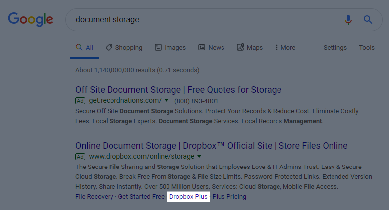 Exemple d'extension d'annonce de recherche payante Dropbox