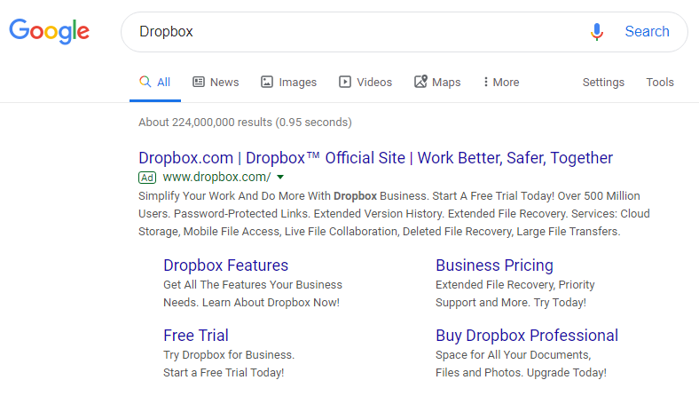 Exemple de page d'accueil d'annonce de recherche payante Dropbox