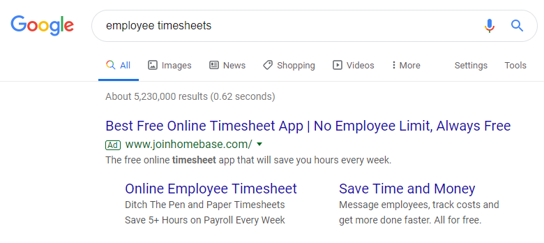 Homebase 유료 검색 광고의 예