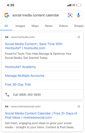 пример мобильного поиска релевантных объявлений