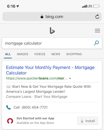 релевантная реклама мобильный пример Bing
