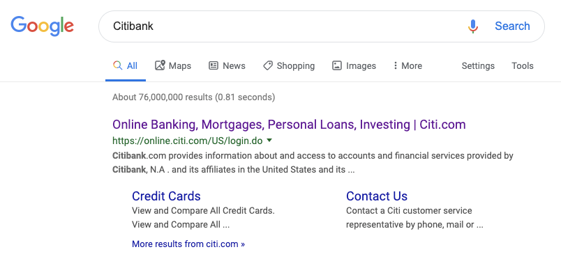 씨티은행 자연검색 홈페이지 결과