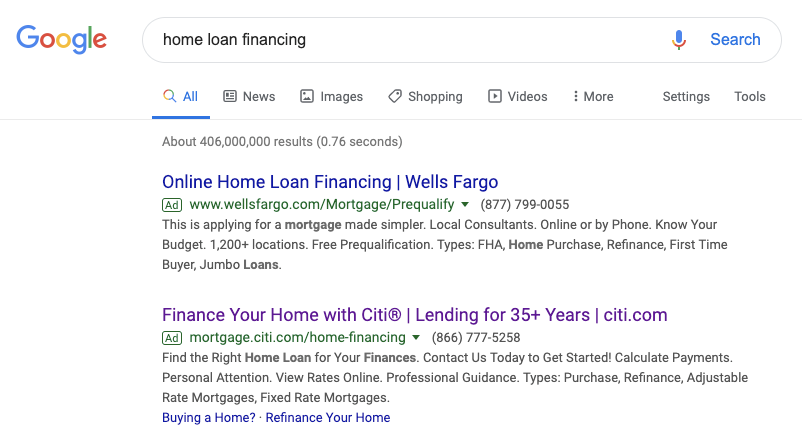 Citibank 주택 융자 파이낸싱 유료 검색 광고 예