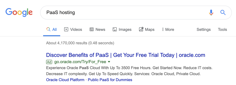Oracle PaaS barındırma ücretli arama ağı reklamı
