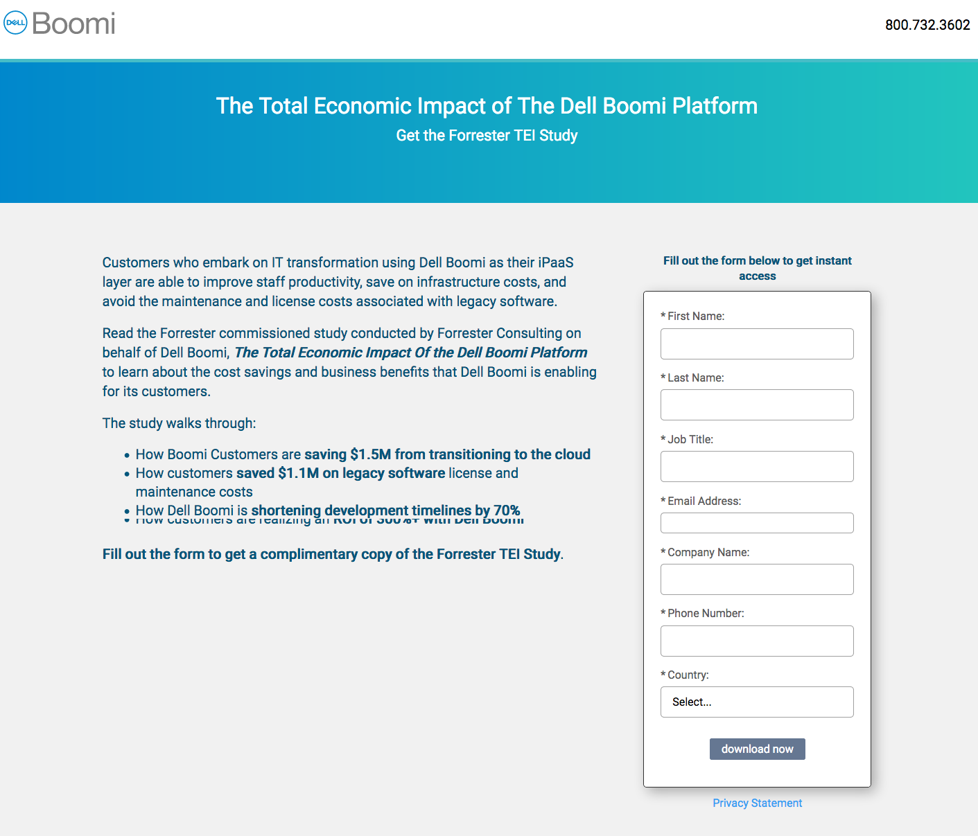 Dell Boomi ForresterStudyのランディングページ