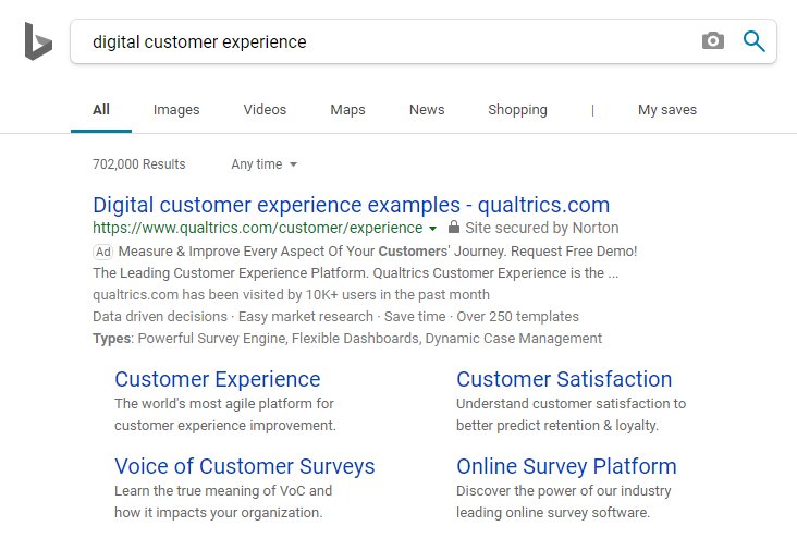 ตัวอย่างโฆษณาบนการค้นหา Qualtrics Bing