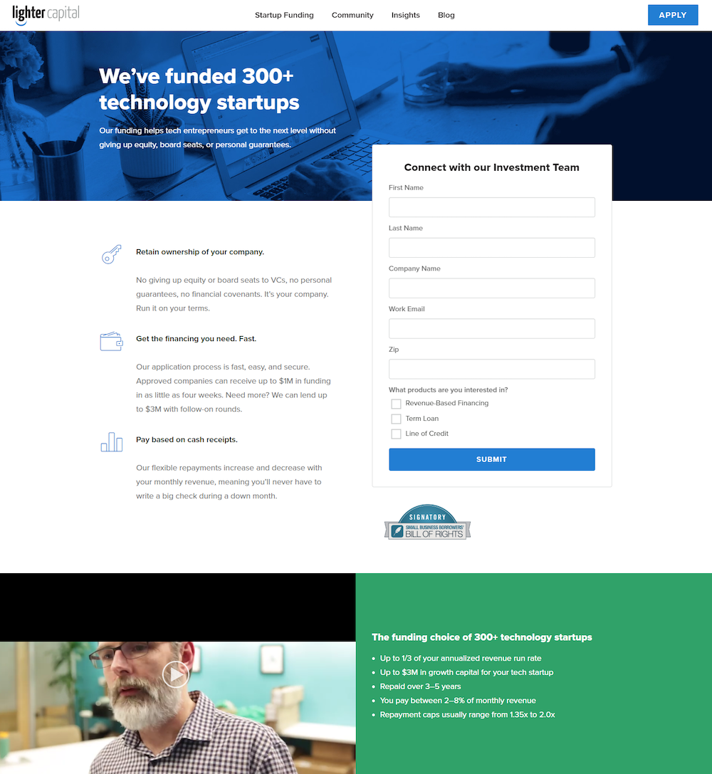 LighterCapitalのクリック後のランディングページ