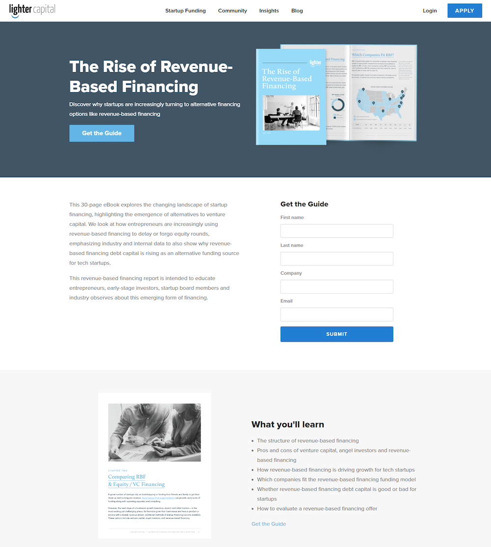 LighterCapitalの収益融資のランディングページ