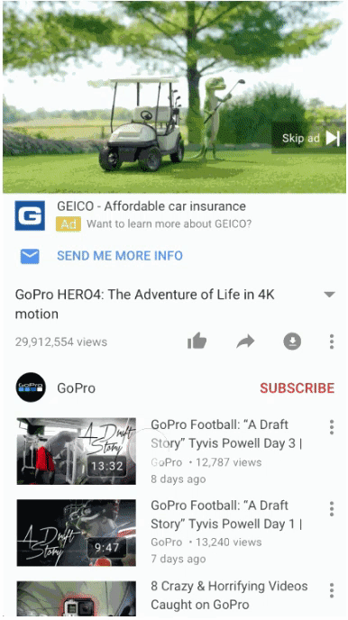 Reklamy TrueView zachęcające do działania w YouTube – przykład Geico