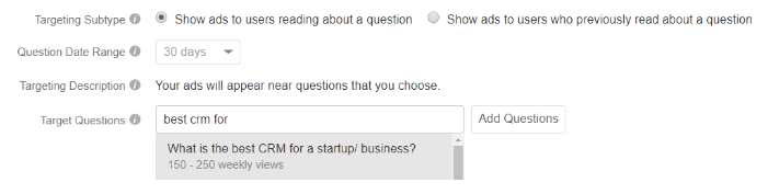Anunțurile Quora vizează istoricul de întrebări
