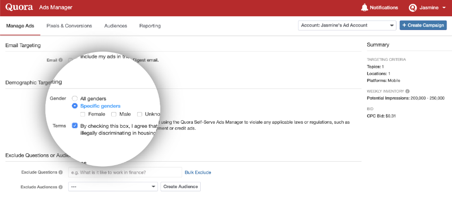 Direcționarea în funcție de criterii demografice și de gen a anunțurilor Quora