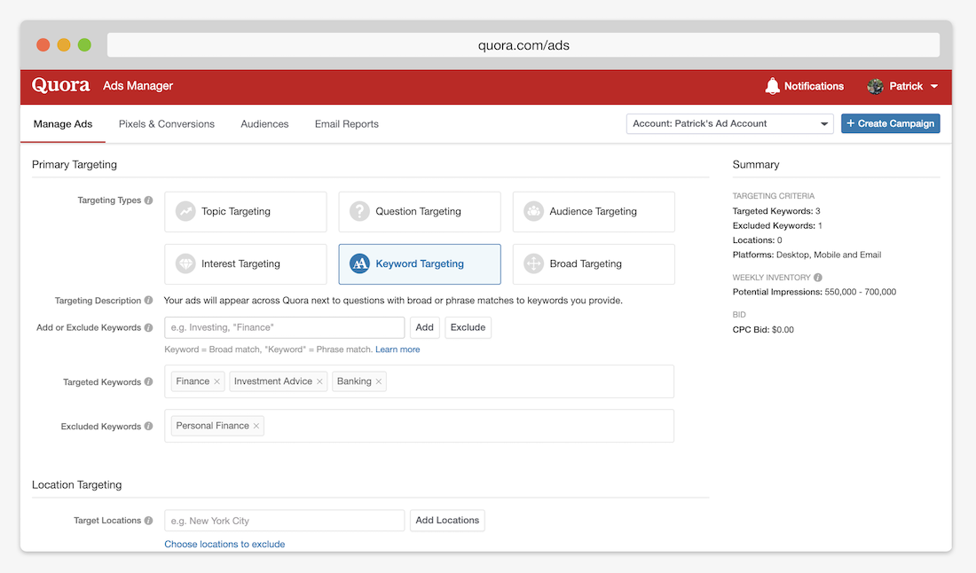 Anunțuri Quora care vizează tipuri de potrivire a cuvintelor cheie