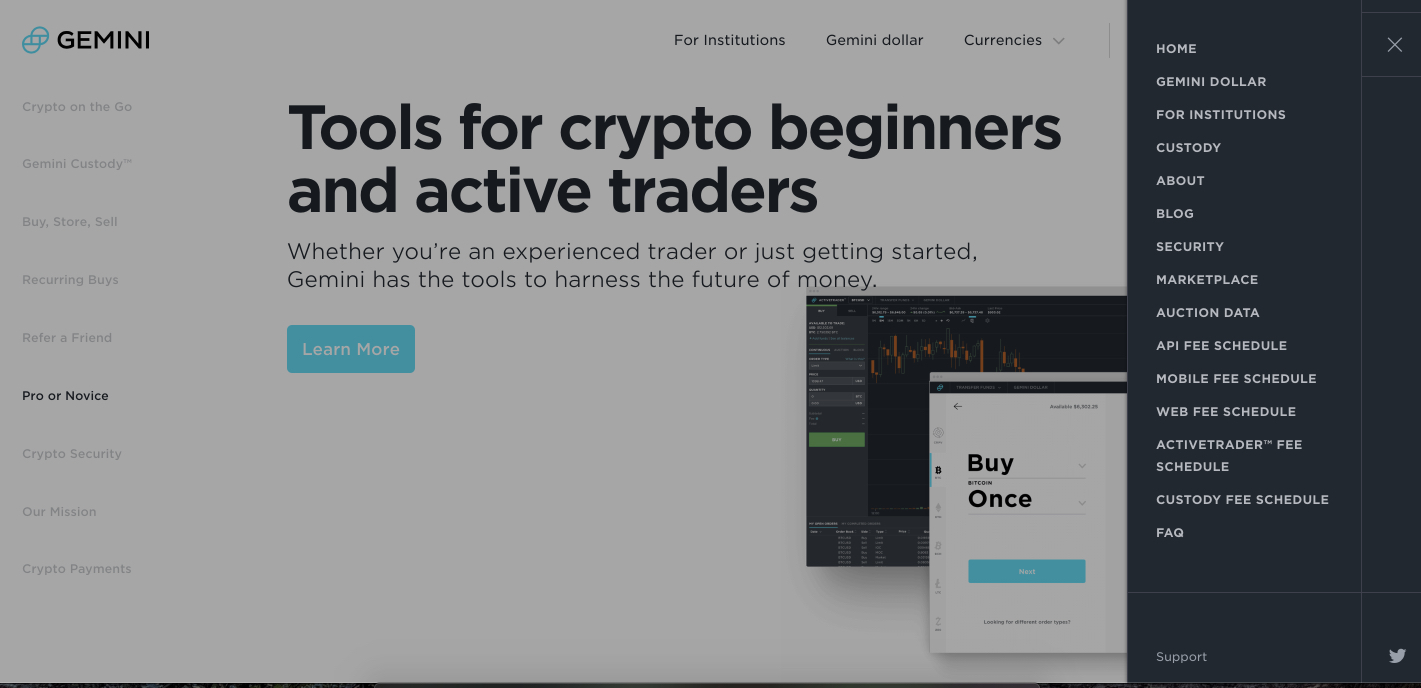 ジェミニ暗号通貨のウェブサイトメニュー