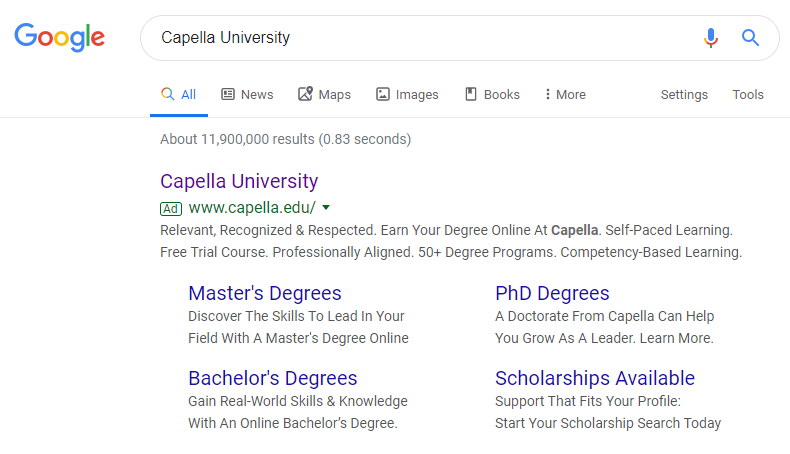 Anúncio de pesquisa paga da Capella University