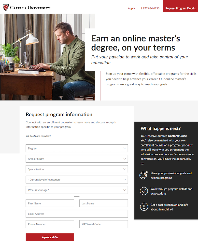 Página de extensão de sitelink da Capella University Master