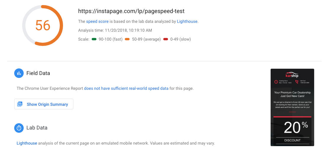 2019 Instapage-Seiten-Rendering-Geschwindigkeit vorher
