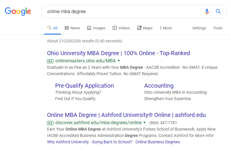 Título de MBA en anuncios de búsqueda de Google de la Universidad de Ashford
