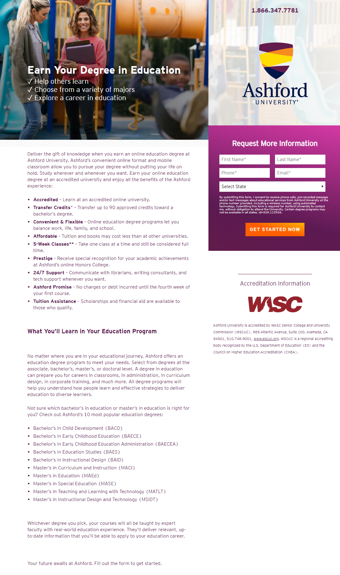 Página de inicio de títulos de educación de la Universidad de Ashford