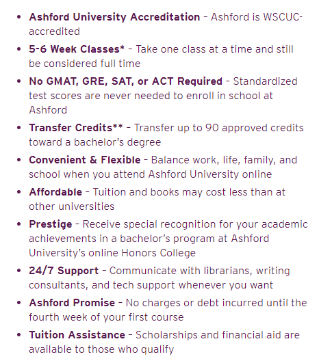 Lista de beneficios de la Universidad de Ashford