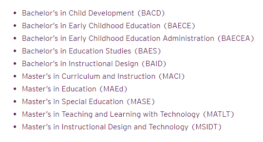 Opciones de títulos de educación de la Universidad de Ashford