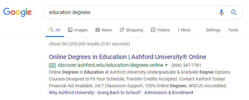 Anuncios de búsqueda de Google de títulos de educación de la Universidad de Ashford