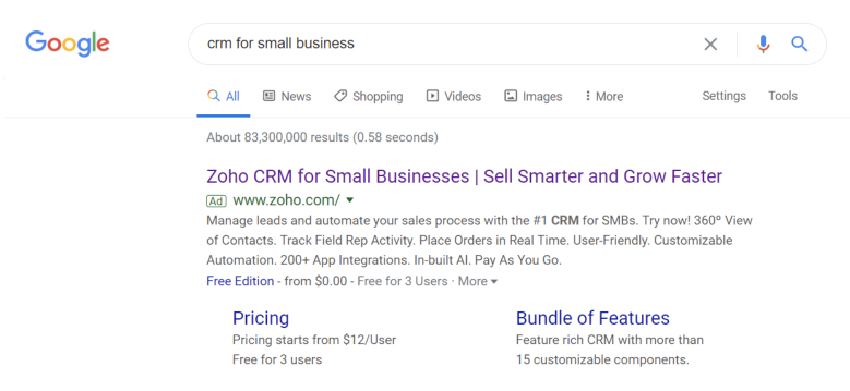 Zoho CRM Google 유료 검색 예시