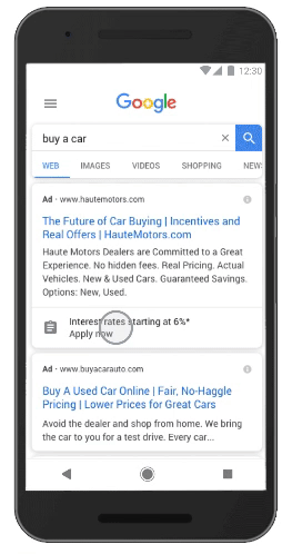 Google 리드 양식 광고 확장의 예