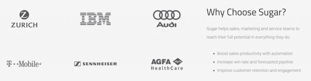 pagina di destinazione del prodotto Loghi dei clienti Sugar CRM