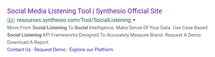 pagina di destinazione del prodotto Ricerca a pagamento Synthesio