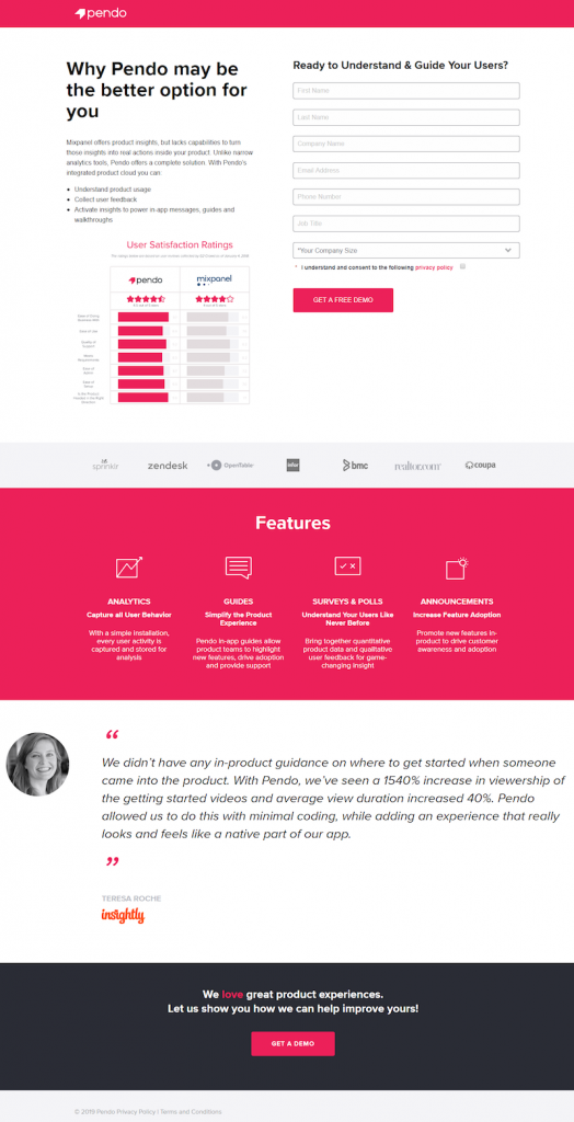 在競爭對手 Pendo 比較頁面上出價