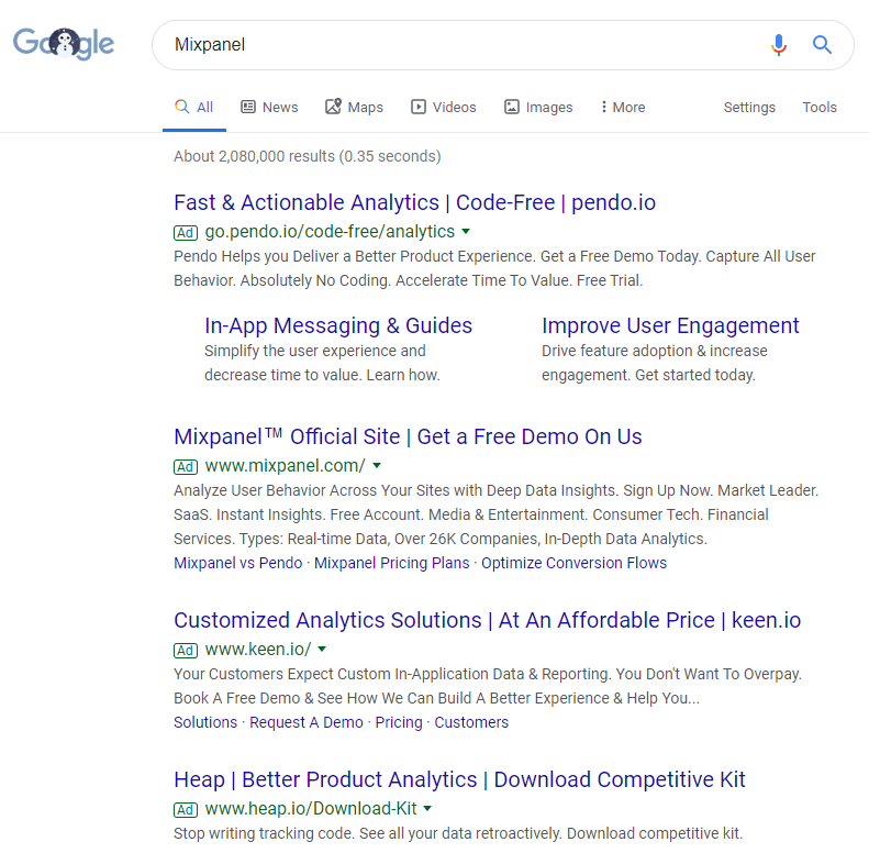 競標競爭對手 Mixpanel 示例
