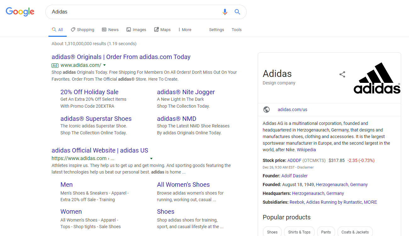 exemple d'enchère de marque Adidas