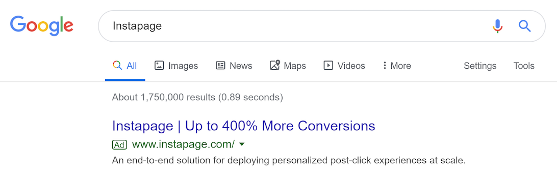 enchérir sur votre propre nom de marque exemple de conversion Instapage