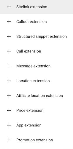 liste d'extensions Google Ads d'enchères de marque