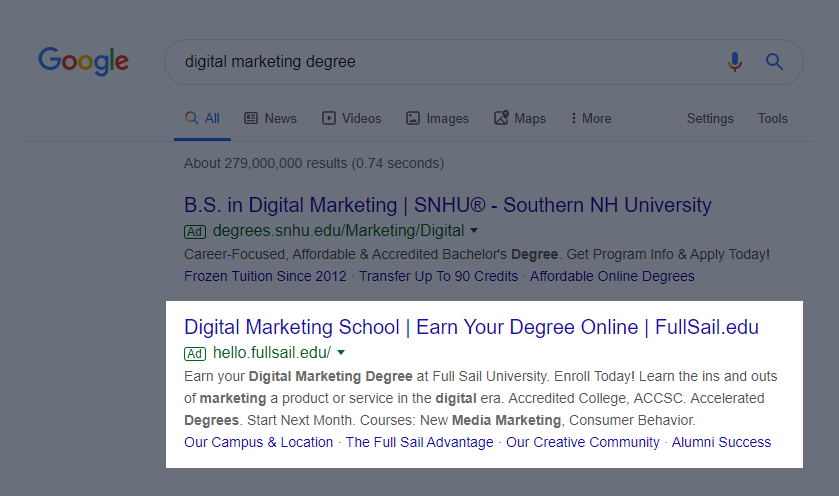 Exemple de recherche payante pour le marketing numérique de l'Université Full Sail