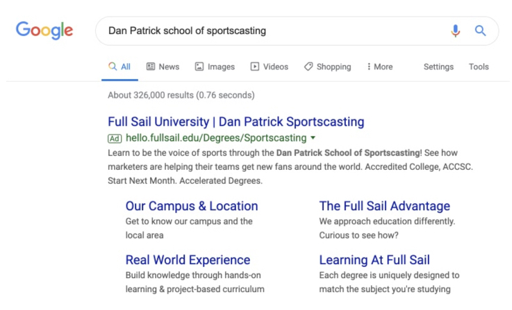 Recherche Google de diffusion sportive de l'Université Full Sail