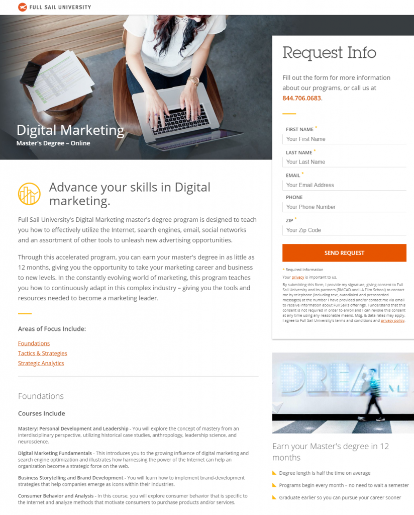 Page de destination LinkedIn de l'Université Full Sail