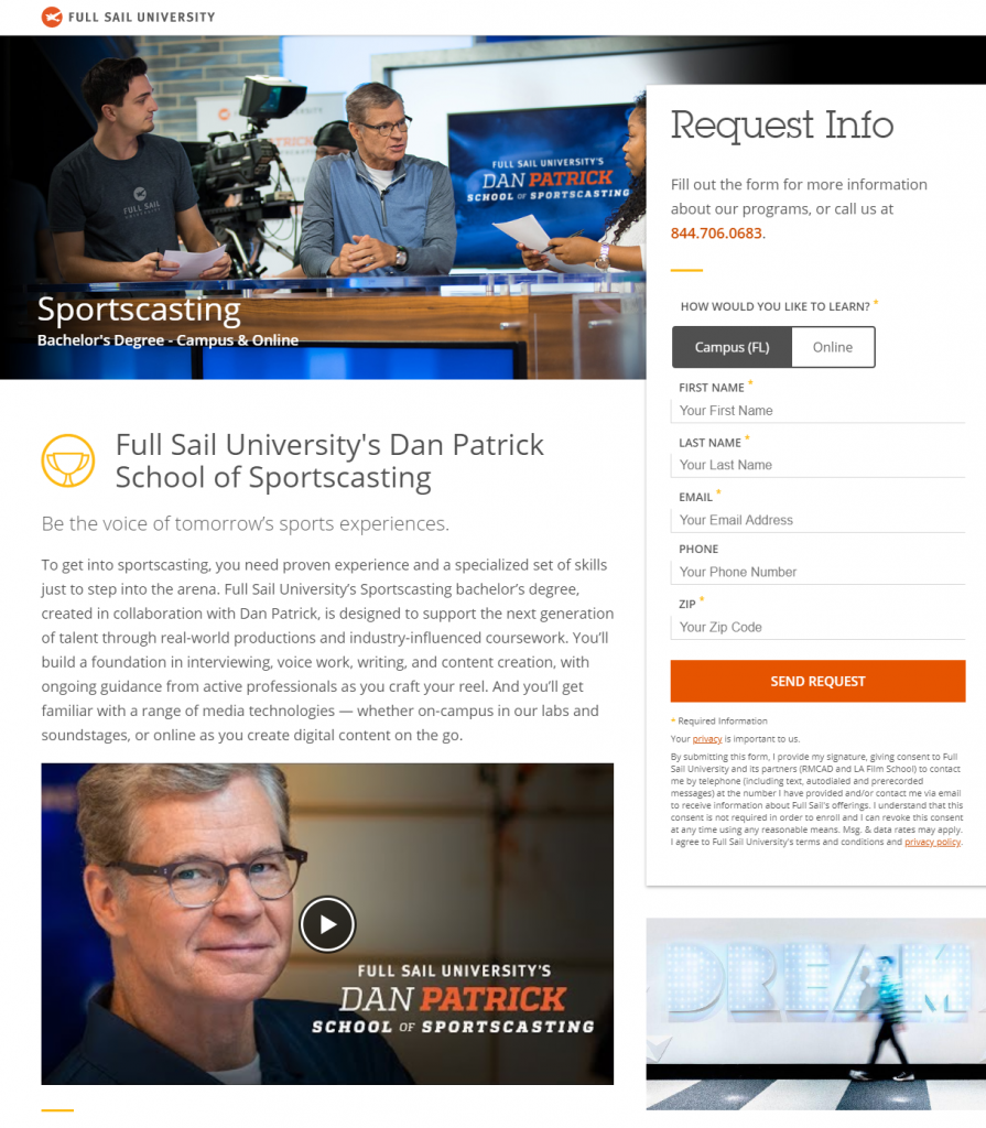 Page de destination de la diffusion sportive de l'Université Full Sail