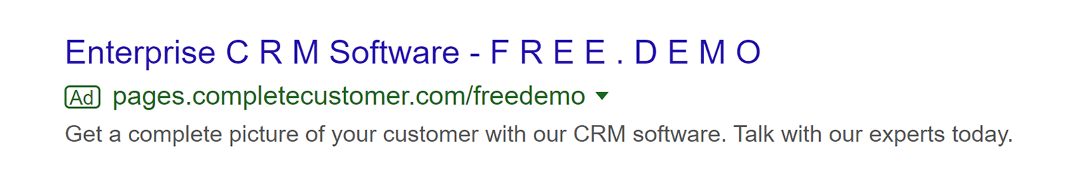 ตัวอย่างการเว้นวรรคที่ไม่เป็นไปตามมาตรฐานของ Google Ads