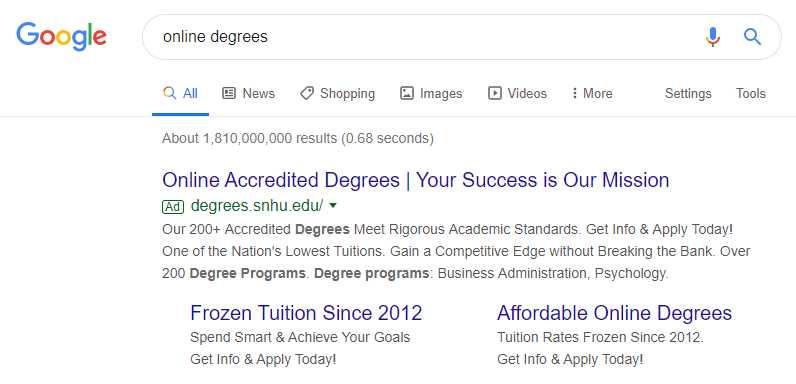 SNHU 온라인 학위 Google 검색 광고