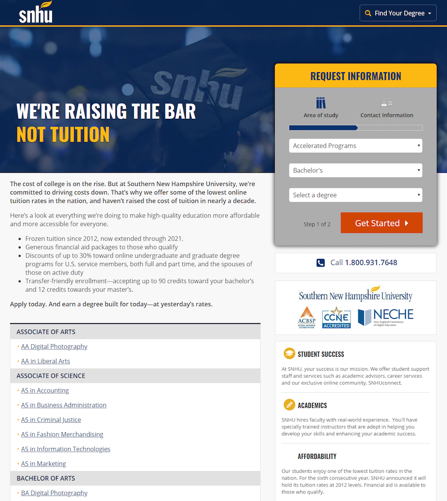 SNHU 온라인 학위 방문 페이지