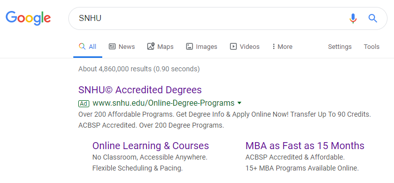 SNHU 브랜드 검색 Google 광고