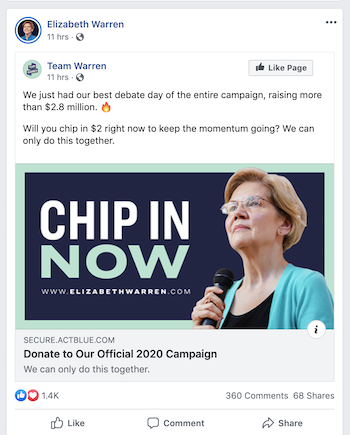 Elizabeth Warren Facbook darowizna na reklamę Chip In