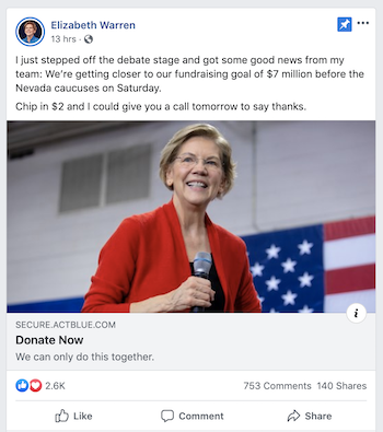 Elizabeth Warren darowizna na reklamę na Facebooku