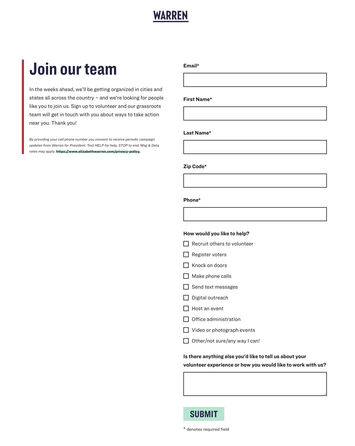 Strona docelowa wolontariusza Elizabeth Warren