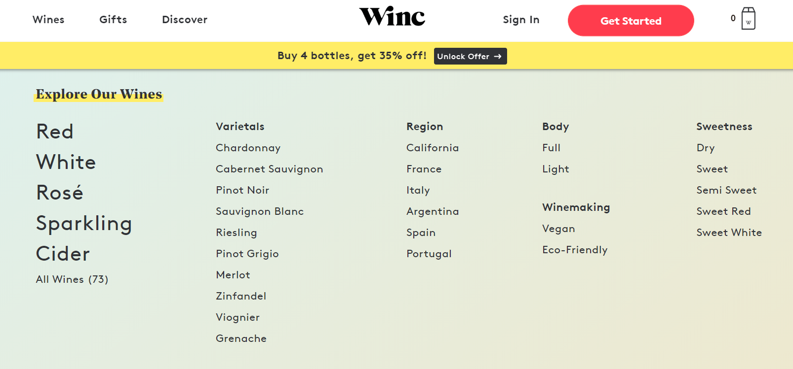 Wincのパーソナライズされたワインのクリック後のランディングページ